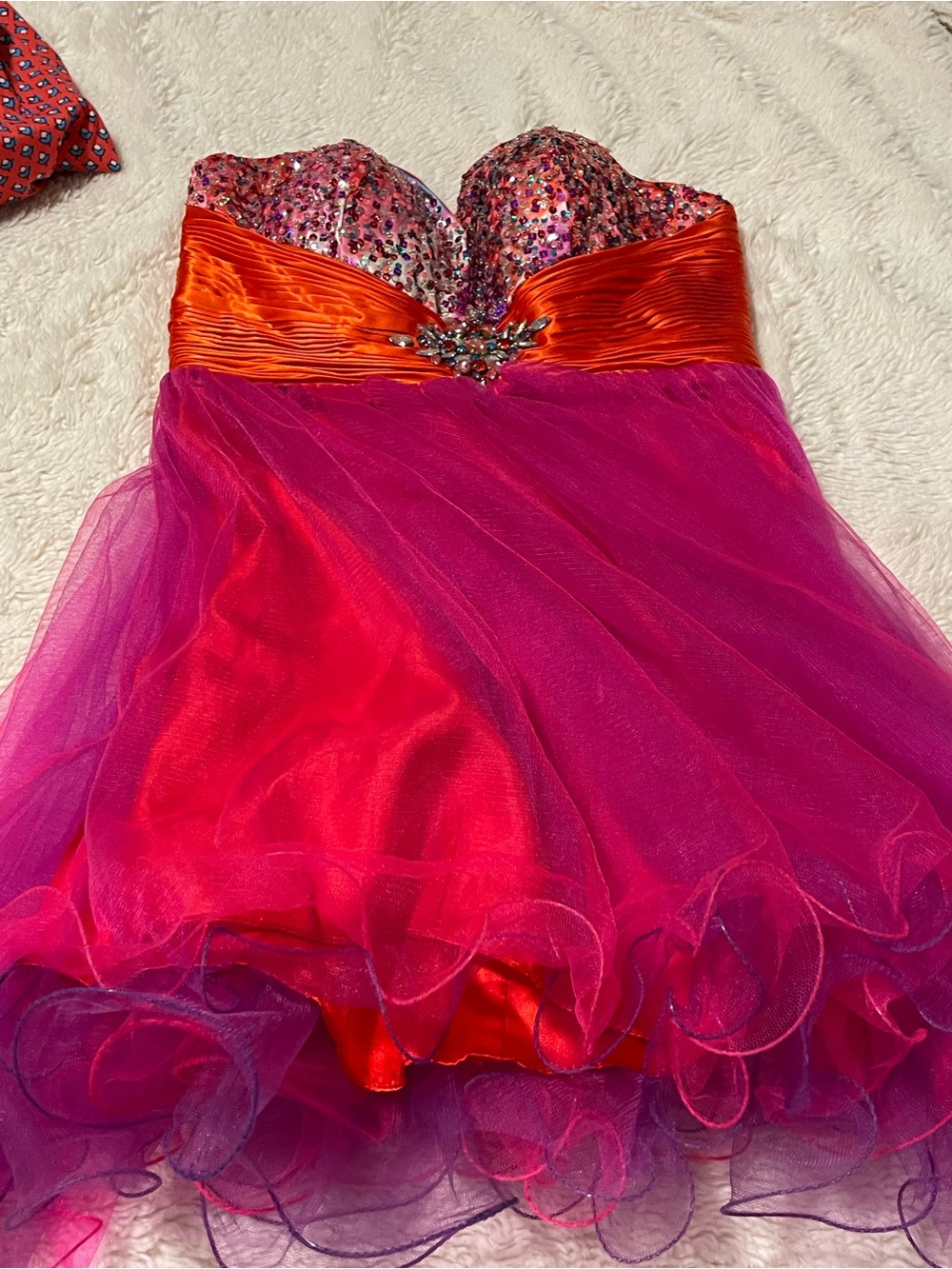 Riva Strapless Pink & Orange Party Dress with Sequin Bodice. Item # 11474